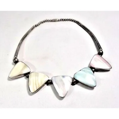 Vintage 1970's Mother Of Pearl Choker Necklace Triangle Shape Silver Tone 18-in • $19.52