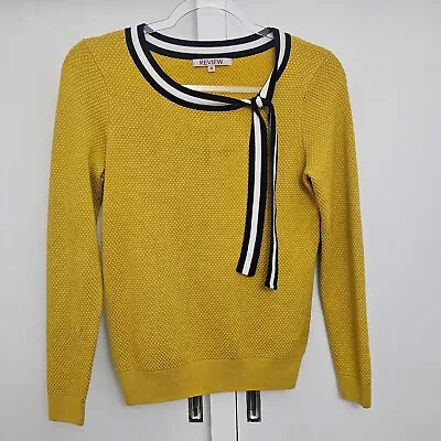Review Top 12 Knit Mustard Long Sleeve Tie Neck Fitted Ladies Pullover Preppy • $24.99