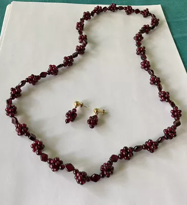 Vintage Genuine Garnet Bead Cluster Necklace With 14k Matching Earrings • $49.99