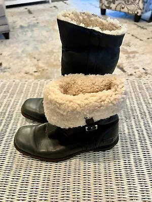 UGG Bellvue Leather Fold Over Sheepskin Lined Boots Women Size 7 Black • $32