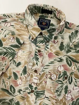 Distressed Vintage Chaps Ralph Lauren Hawaiian Shirt Mens L Beige Painted Floral • $16.99