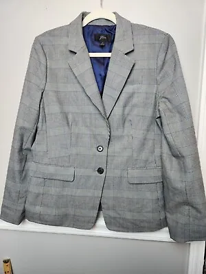 J Crew Womens Glen Plaid Optional Tie Waist 2 Button Blazer Grey/Blue Sz 14 GUC • $44.88