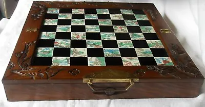 Vintage Asian Chinese Folding Chess Set Wooden Box & Figures Etched Color Tiles • $98