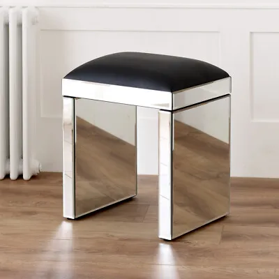 £49 • Buy Venetian Mirrored Stool With Black Seat Pad - Glass Dressing Table - VEN05B