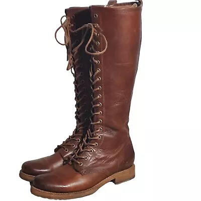 FRYE Veronica Combat Womens Tall Lace Up Brown Distressed Leather Boots US 8 • $300