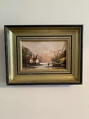 Small Original   Oil On Board ‘ River Scene ‘ By Kerri’s In Brown/gilt Frame • £39