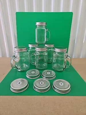 Mason Jar Mug Handle Glasses Jars Clear Lids Set Of 6 Mugs And 11 Lids Pre-owned • $25