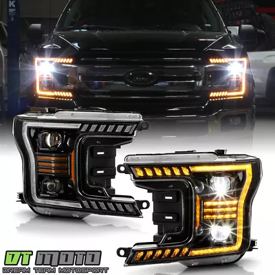 <FULL LED> 2018-2020 Ford F150 Amber DRL W/Sequential Projector Headlights BLACK • $399.96