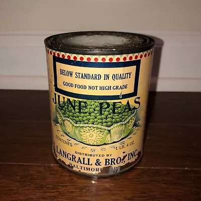 1930s CANNED JUNE PEAS Can LABEL J. Langrall & Bro Baltimore MD Food Advertising • $12.95