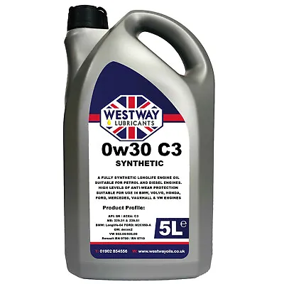 Vauxhall 0W30 C3 Fully Synthetic Engine Oil 0w/30 C3 Dexos 2 - 5 Litres  • £29.99