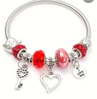  In The Style Of Pandora   Silver Look Charm Bracelet With Red Beads • £3.75