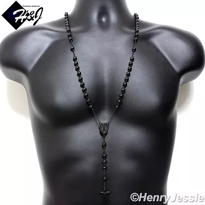 MEN Stainless Steel 30+5 HEAVY 8mm Black Plated Beads Rosary Necklace • $19.99