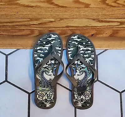Ed Hardy Sculls Roses And Snakes Flip Flops Men's Size 12 • $14.50