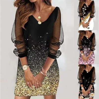 $24.94 • Buy Womens Ladies Lace Mesh Bodycon V Neck Casual Evening Cocktail Party Mini Dress