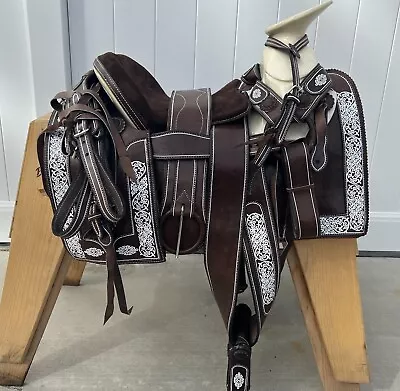  15  BROWN MEXICAN CHARRO SADDLE MONTURA CHARRA PARA CABALLO Horse Charro Gear • $699.99