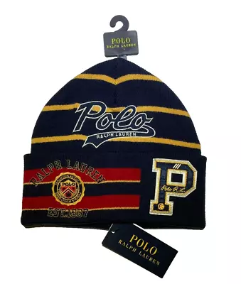 Polo Ralph Lauren Men's Beanie Patch Stripes P Wing Script Logo NWT Collegiate • $59.99