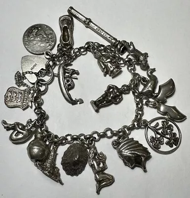 Vintage British Hallmarks Silver 17 Charms Shamrock Heart Padlock 58g Bracelet G • $349.99