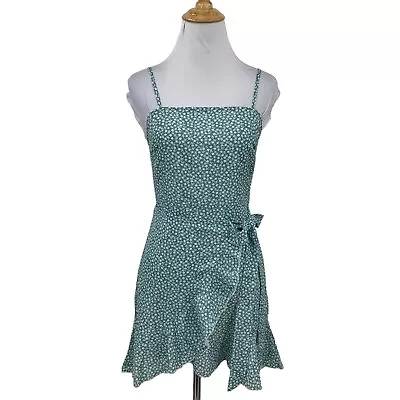 Zaful Ruffle Mini Wrap Waist Tie Dress Women 4 Green Floral Thin Straps Back Zip • $16.95