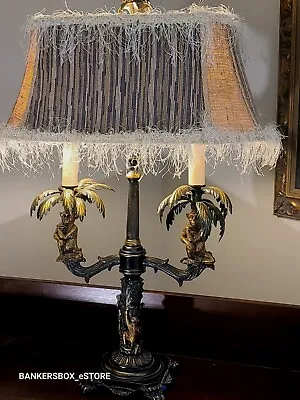 Exquisite Palm Tree Monkey Lamp W/ Fringe Shade In Maitland Smith Style 31  Tall • $299