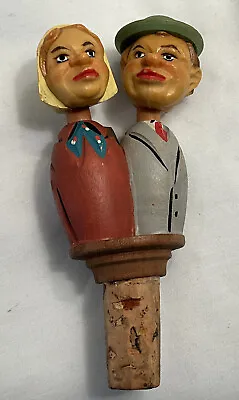 Vintage  Kissing Couple  Figural Mechanical Wooden Bottle Wine Stopper~Anri • $14