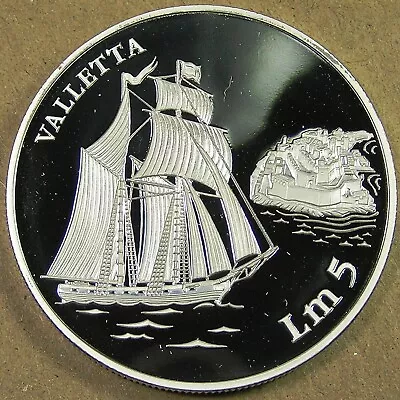 Malta 5 Liri .925 Silver Coin 1994 Proof Sailing Ship Valletta & Fortress KM-108 • $54.87