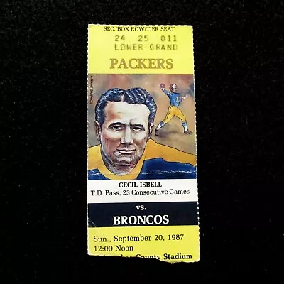 Green Bay Packers Vs. Denver Broncos Ticket Stub - September 20 1987 (17-17 Tie) • $9.95