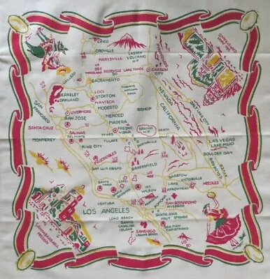 VTG California Tablecloth Highway Map Pre-Disney Linen Green Red Yellow 33 X 39 • $29.90