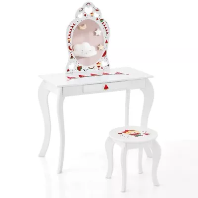 Children Wood Pretend Makeup Vanity Table Storage Set W/Stool & Removable Mirror • $87.98