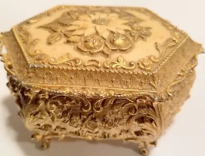 Vintage Hexagonal Jewelry Box Trinkets Antique Gold Tones Red Velvet Lining  • $32.50