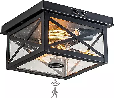 Outdoor Ceiling Light With Motion Sensor Black Flush Mount Farm House Porch Ligh • $81.81