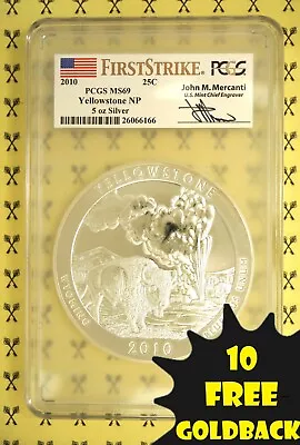 2010 Yellowstone 5 Oz SILVER Quarter PCGS MS 69 FS Mercanti W/10 FREE GOLDBACKS* • $369.92