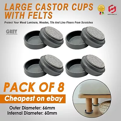 £4.99 • Buy 8 X LARGE GREY FELT PADDED CASTOR CUPS Floor Chair Furniture Protectors Caster