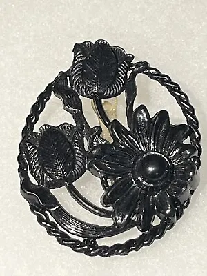 Antique Celluloid Mourning Brooch Black Floral • $32