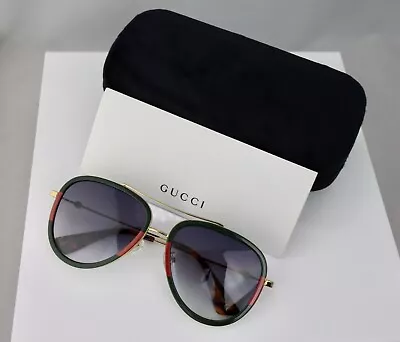 Gucci GG0062S 003 57mm Aviator Green/Red Unisex Sunglasses With Light Grey Lens • $189