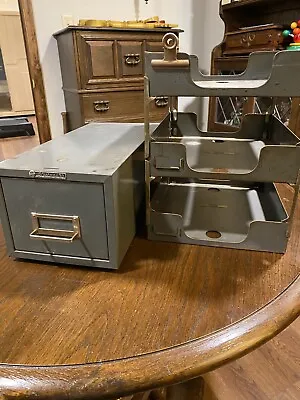 Vintage STEELMASTER Office Equipment Metal Stacking Desk Letter Trays & File Box • $95