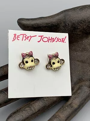 BETSEY JOHNSON Enamal Monkey With Bow Crystal Accents Stud Earrings On Card • $13.99