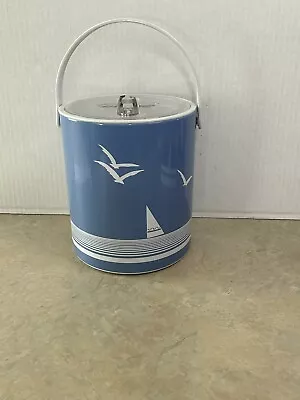 Vtg Phoenix Ice Bucket Blue Sailboat Palm Beach W/ Tongs Drain Grate & Lid • $16.99