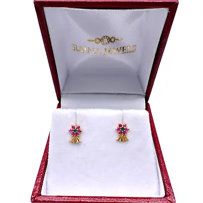 22ct Yellow Gold Natural Ruby & Emerald Flower Shaped Tiny Studs Earrings • £110