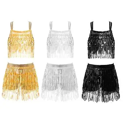 £4.74 • Buy Girls Sequin Tassel Latin Samba Dance Costume Sleeveless Crop Top With Shorts