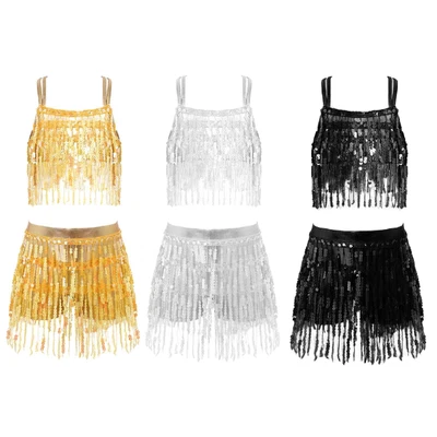 £4.74 • Buy Girls Sequin Tassel Latin Samba Dance Costume Sleeveless Crop Top With Shorts