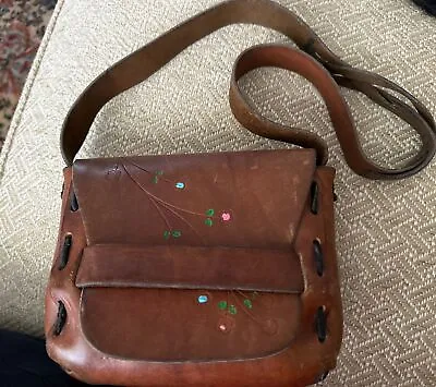 Vintage 1970's Boho Leather Purse Tooled Flower  Braided Strap Hippie Saddlebag • $38.66