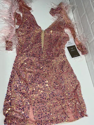 $50 • Buy NWT - ASEXYPROM Deep V Neck Sequins Feather Embellishment MINI DRESS PINK SMALL