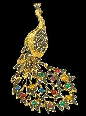 Vintage Peacock Brooch Textured Gold Tone Colorful Enamel Pin Estate Find • $15
