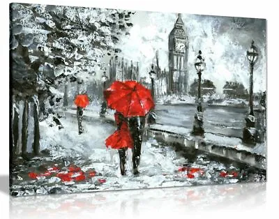 Oil Painting Street View London Black White & Red Big Ben Canvas Wall Art Print • £24.99