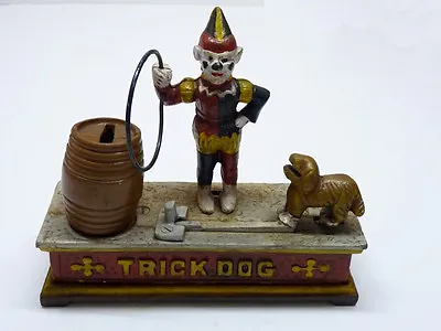 Vintage 1920-30s USA Mechanical Moving Trick Dog & Hoop Iron Savings Bank • $660