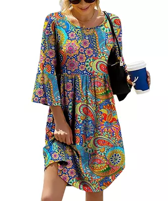 IZURIA Blue & Yellow Paisley Bell Sleeve Empire Waist Dress Size L New • $9.98