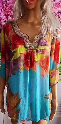 Mushka By Sienna Rose Vibrant Tunic L Boho! Beaded V Neck • $19