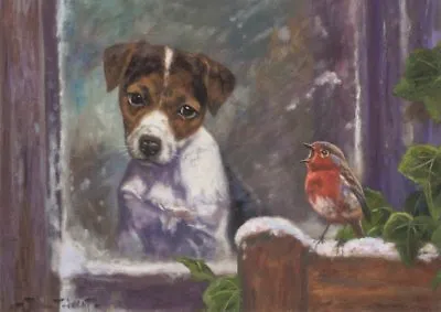 Jack Russell Robin Dog Cute Puppy Painting Christmas Xmas Card • £1.95