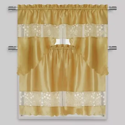 $17.99 • Buy Semi-Sheer Rod Pocket Embroidery Kitchen Curtain 3 PC & Swag Valance 2 Tiers Set
