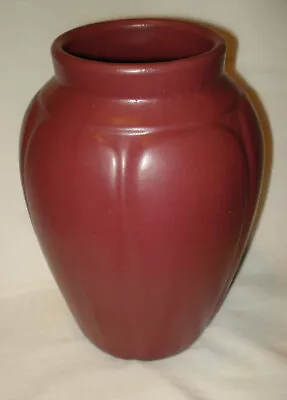 $75 • Buy Arts & Crafts Zanesville Stoneware Pottery 795 Matte Maroon 8 ½” Paneled Vase